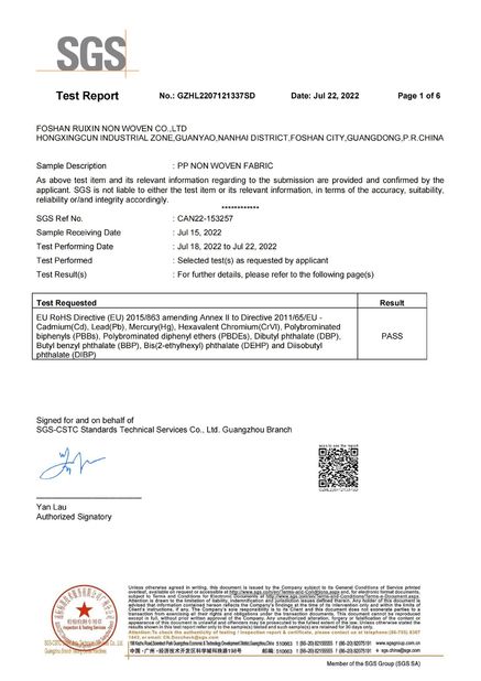 Çin FOSHAN RUIXIN NON WOVEN CO.,LTD Sertifikalar