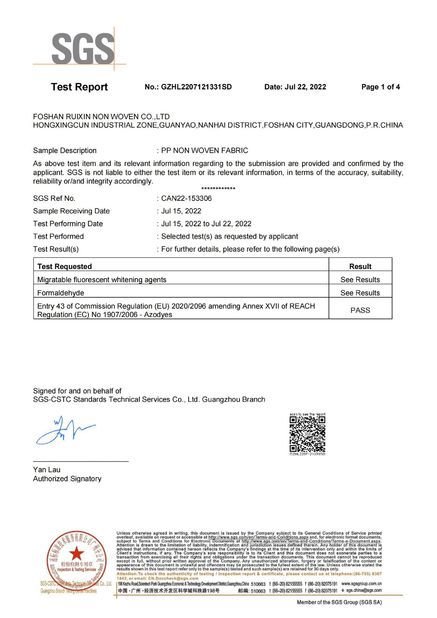 Çin FOSHAN RUIXIN NON WOVEN CO.,LTD Sertifikalar