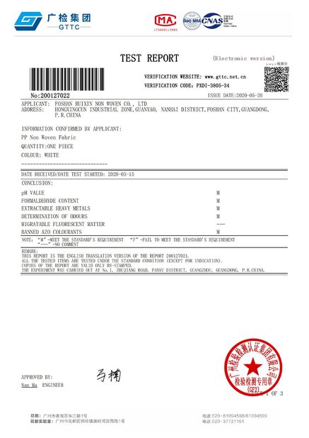 Çin FOSHAN RUIXIN NON WOVEN CO.,LTD Sertifikalar